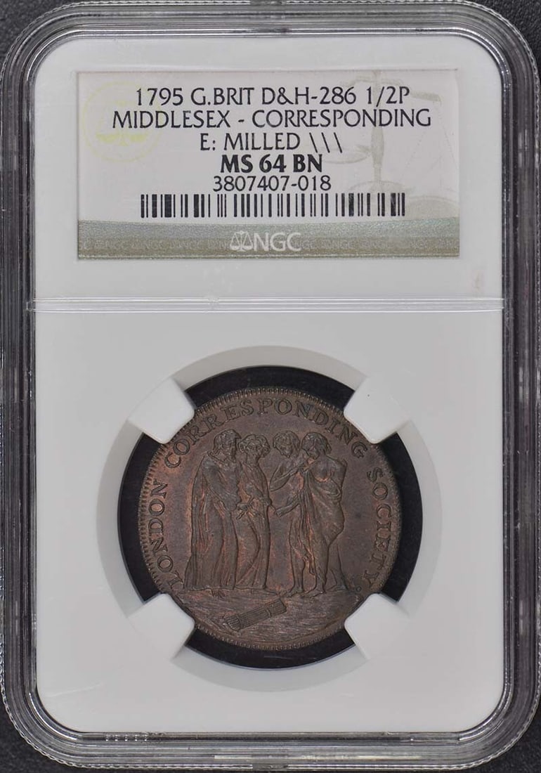 1795 Middlesex halfpenny NGC MS64BN: 1795 Middlesex halfpenny NGC MS64BN This is a 1795 Great Britain Middlesex halfpenny token (D&H-286), certified by NGC with a grade of MS64BN. The coin is uncirculated and originates from the United K