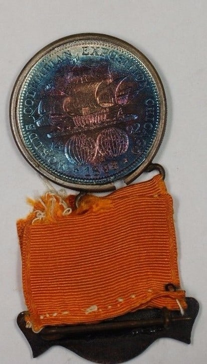 1893 Silver Columbus Half Dollar Medal Badge with Ribbon and Toned Finish (1 of 4)