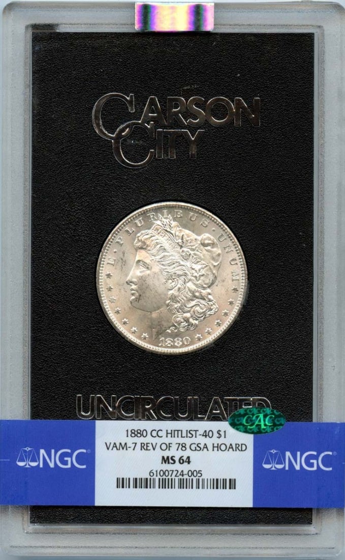NGC MS64 CAC 1880 Carson City Morgan Dollar VAM 7 GSA Hoard: NGC MS64 CAC 1880 Carson City Morgan Dollar VAM 7 GSA Hoard This 1880-CC Morgan Dollar features the VAM 7 reverse of 1878 and is part of the GSA Hoard. Graded MS64 by NGC with a CAC designation, this 