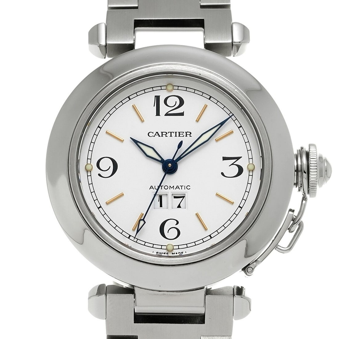 Cartier W31044M7 Pasha C Big Date automatic stainless steel watch: Cartier W31044M7 Pasha C Big Date automatic stainless steel watch Cartier Pasha C Big Date automatic wristwatch with a white dial and stainless steel case. This pre-owned unisex watch is made in Switz