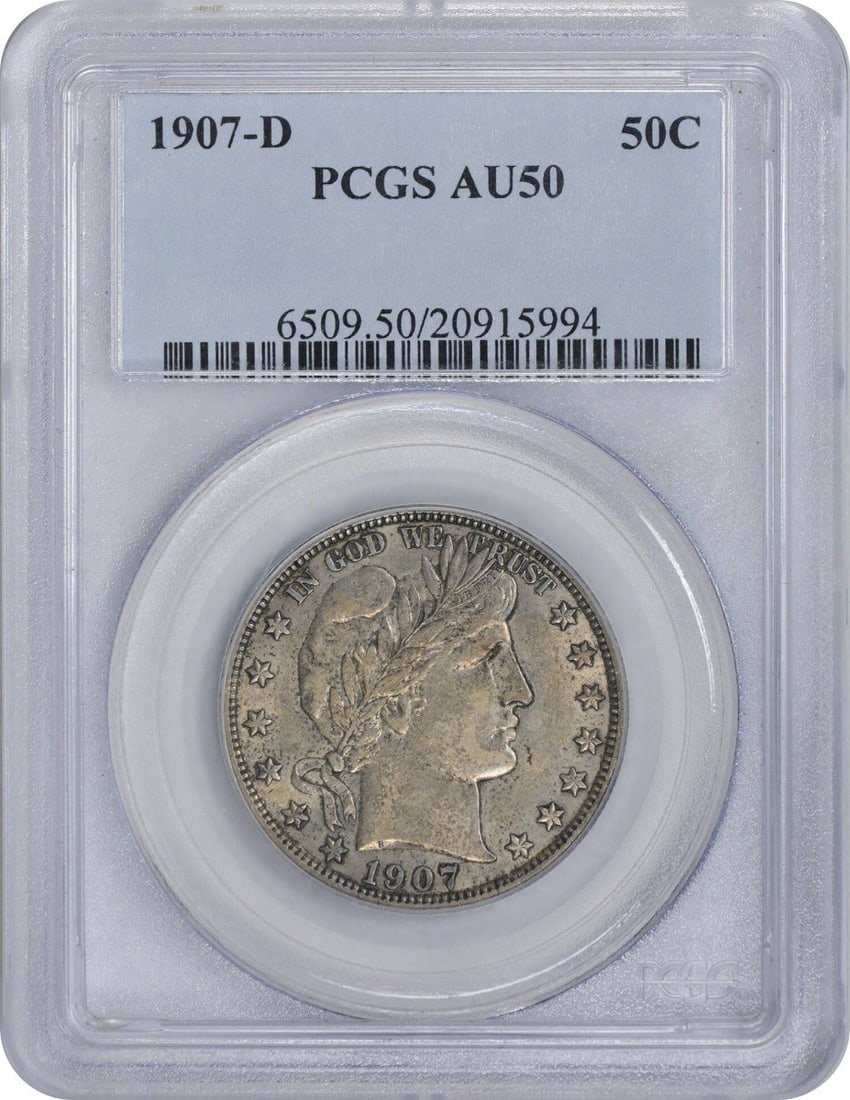 1907-D Barber Half Dollar AU50 PCGS 90% Silver Coin: 1907-D Barber Half Dollar AU50 PCGS 90% Silver Coin This 1907-D Barber Silver Half Dollar is an exceptional find for coin collectors, graded AU50 by PCGS. Minted in Denver, this coin is part of a limi