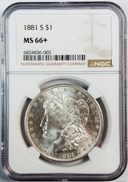 NGC MS-66 Plus 1881 S Morgan Dollar: NGC MS-66 Plus 1881 S Morgan Dollar This 1881 Morgan Silver Dollar was minted in San Francisco and is graded MS-66+ by NGC. Composed of silver, this pre-owned coin offers exceptional quality and histo
