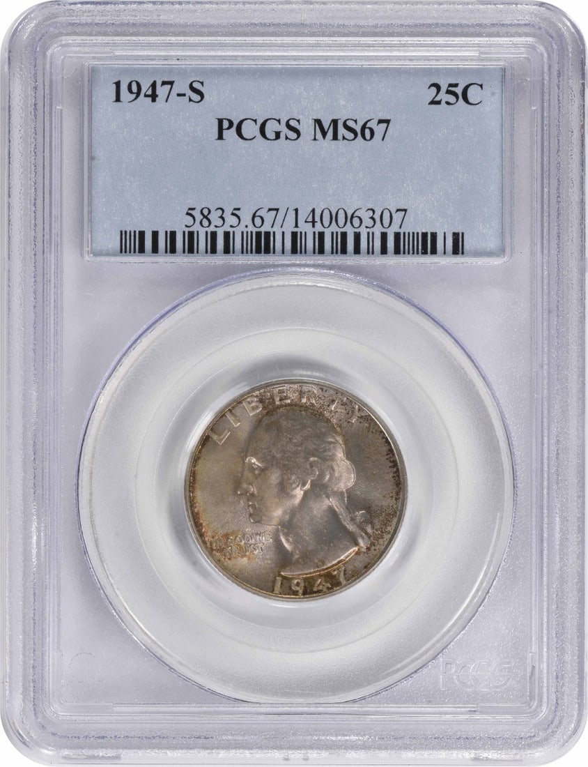 PCGS MS67 1947-S Washington 25C Silver Quarter: PCGS MS67 1947-S Washington 25C Silver Quarter This is a 1947-S Washington Silver Quarter graded MS67 by PCGS. The coin is uncirculated and composed of silver. It was minted in San Francisco and is a 