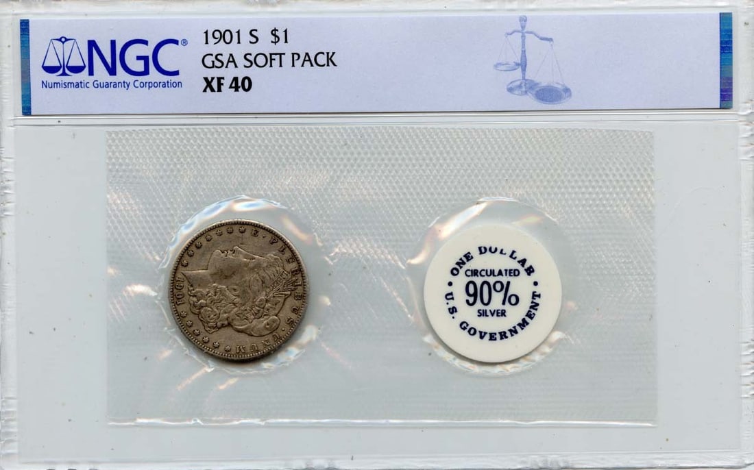 San Francisco 1901 Silver Morgan Dollar NGC XF40 in GSA Soft Pack: San Francisco 1901 Silver Morgan Dollar NGC XF40 in GSA Soft Pack This is a 1901-S Morgan Dollar graded XF40 by NGC, presented in a GSA soft pack. The coin was minted in San Francisco and is circulate