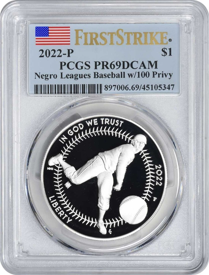 PCGS PR69DCAM 2022-P Negro Leagues Baseball Dollar 100 Privy: PCGS PR69DCAM 2022-P Negro Leagues Baseball Dollar 100 Privy 2022-P Negro Leagues Baseball Commemorative Silver Dollar with 100 Privy, graded PR69DCAM by PCGS. This uncirculated proof coin is composed