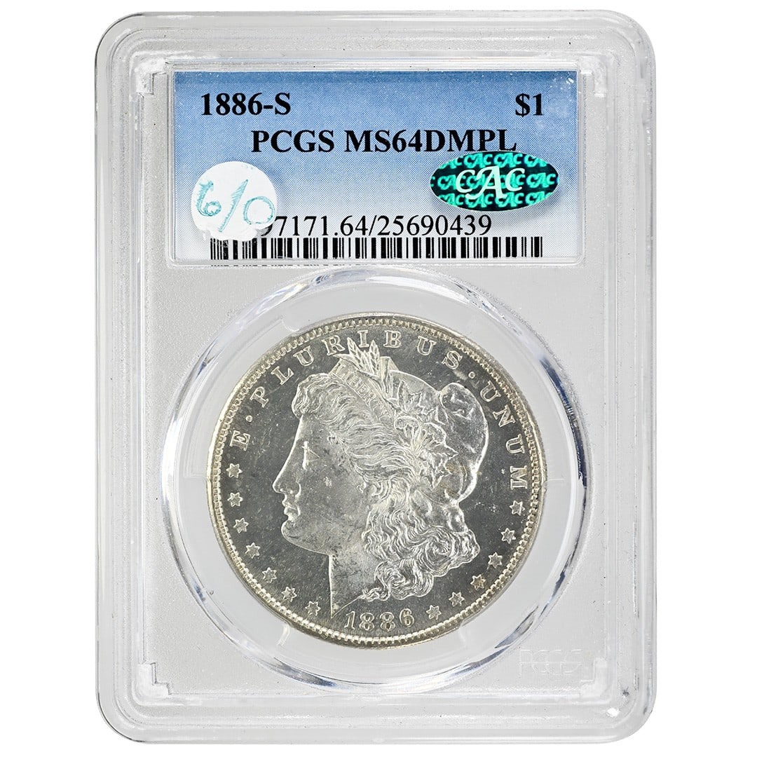 PCGS CAC 1886-S Morgan Dollar MS64DMPL Silver: PCGS CAC 1886-S Morgan Dollar MS64DMPL Silver This 1886-S Morgan Dollar is a rare and highly collectible coin, graded MS64DMPL by PCGS and approved by CAC. Struck in San Francisco, it features deep mi