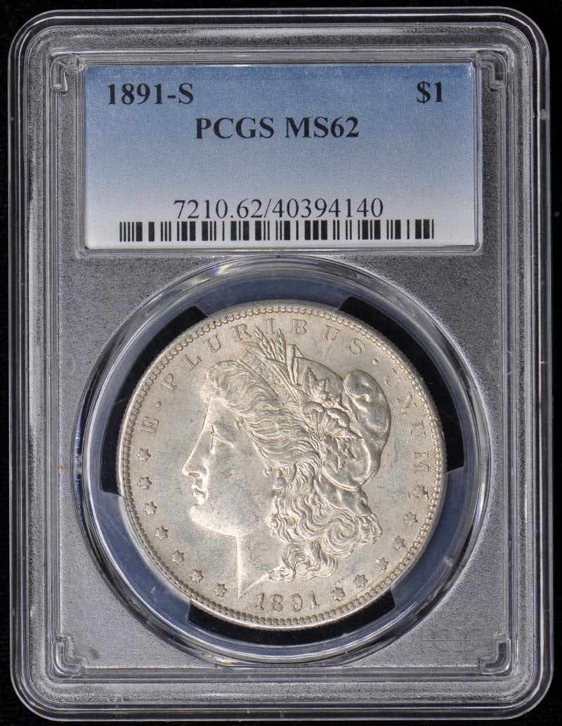 1891-S Morgan Dollar PCGS MS62 Uncirculated San Francisco: 1891-S Morgan Dollar PCGS MS62 Uncirculated San Francisco This 1891-S Morgan Dollar is a remarkable piece of numismatic history, graded MS62 by PCGS, ensuring its uncirculated condition. Minted in San