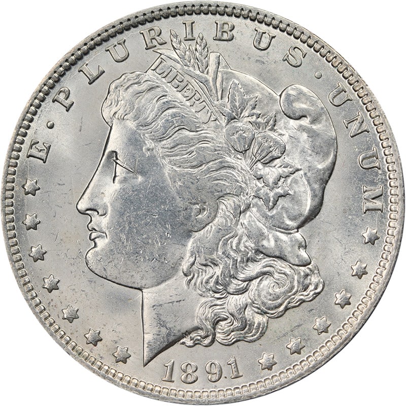 1891 O Morgan Dollar BU+ Bright White Silver: 1891 O Morgan Dollar BU+ Bright White Silver This 1891-O Morgan Silver Dollar features attractive luster, an average strike, and bright white surfaces. The coin is uncirculated and offers notable visu