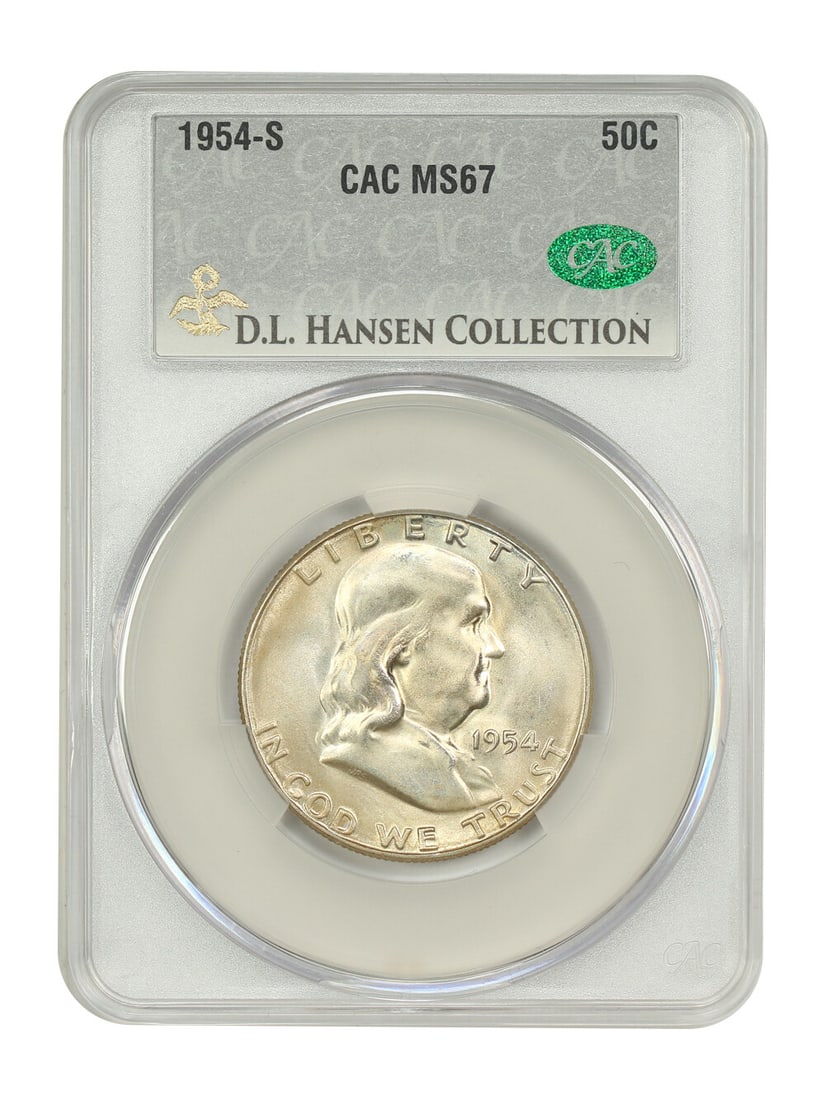1954 S Franklin Half Dollar 50C CACG MS67 ex D.L. Hansen: 1954 S Franklin Half Dollar 50C CACG MS67 ex D.L. Hansen 1954-S Franklin Half Dollar graded MS67 by CACG. This uncirculated half dollar is certified with certification number 003420007 and shows gentl