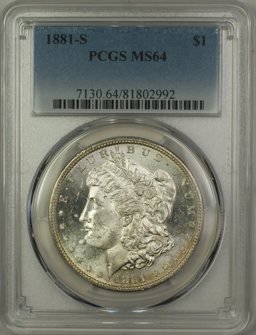 PCGS MS-64 1881 San Francisco Morgan Dollar Silver Uncirculated $1 Coin: PCGS MS-64 1881 San Francisco Morgan Dollar Silver Uncirculated $1 Coin This 1881-S Morgan Silver Dollar features a $1 denomination and is graded MS-64 by PCGS, indicating a high-quality, uncirculated