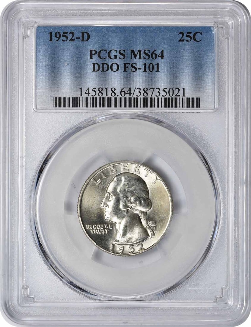 1952-D Washington Silver Quarter MS64 DDO FS-101 by PCGS: 1952-D Washington Silver Quarter MS64 DDO FS-101 by PCGS This 1952-D Washington Silver Quarter is an exceptional piece, certified by PCGS with a grade of MS64. Struck in Denver, this coin features a c
