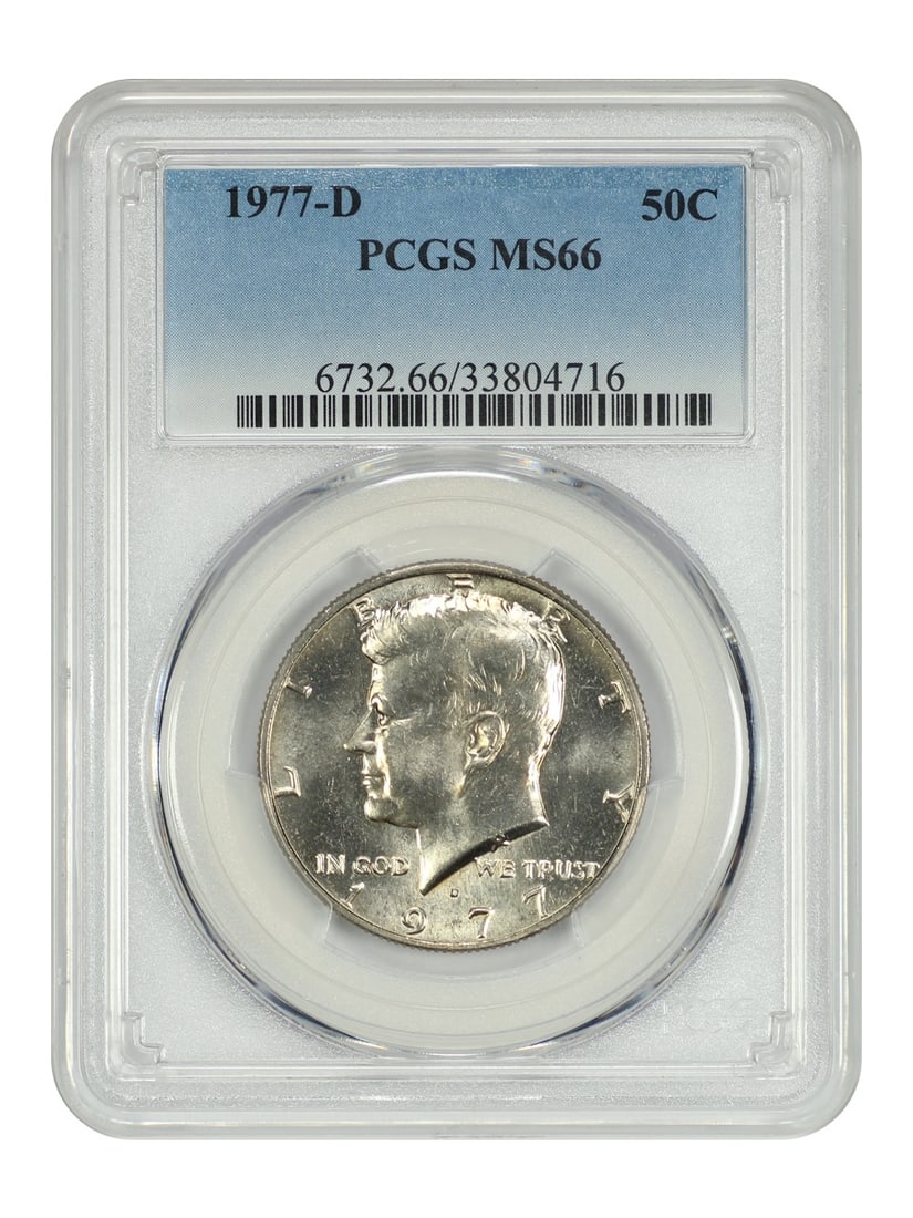 PCGS MS66 1977-D Kennedy Half Dollar 50C: PCGS MS66 1977-D Kennedy Half Dollar 50C This 1977-D Kennedy Half Dollar is an uncirculated example certified by PCGS and graded MS66. It is a 50C coin from the Denver mint, offered in pre-owned condi