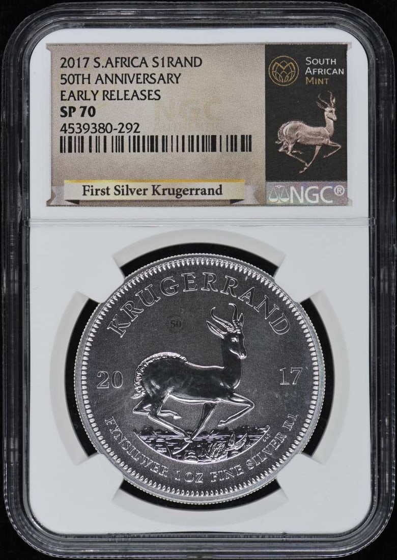 NGC SP70 2017 South Africa Krugerrand 50th Anniversary Early Releases: NGC SP70 2017 South Africa Krugerrand 50th Anniversary Early Releases This is a 2017 South Africa Krugerrand 50th Anniversary coin, designated as an Early Releases edition. The coin has been certified
