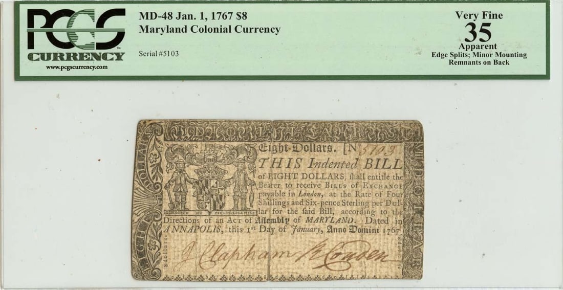 Finest Known 1767 $8 Maryland Colonial Note MD-48 PCGS VF35 (1 of 2)