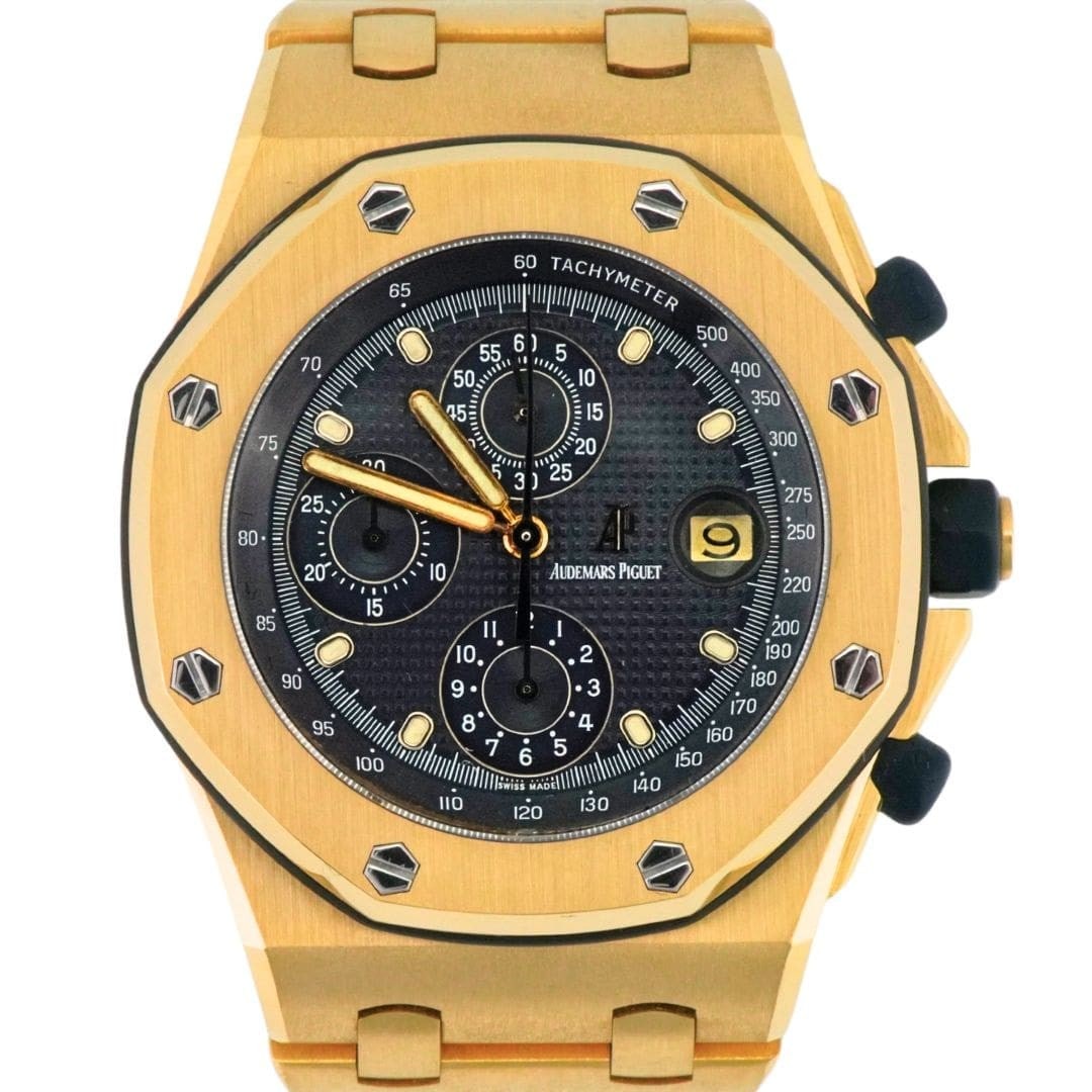 Audemars Piguet Royal Oak Offshore 18K Yellow Gold 42mm Chronograph Ref 25721BA: Audemars Piguet Royal Oak Offshore 18K Yellow Gold 42mm Chronograph Ref 25721BA This Audemars Piguet Royal Oak Offshore Chronograph, reference 25721BA, features a 42mm hexagonal case crafted from soli