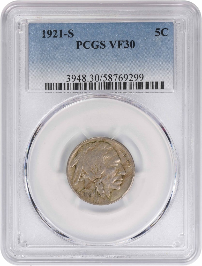 VF30 Graded 1921 San Francisco Buffalo Nickel Certified by PCGS: VF30 Graded 1921 San Francisco Buffalo Nickel Certified by PCGS This is a 1921-S Buffalo Nickel graded VF30 by PCGS. The coin is circulated and composed of nickel, minted in San Francisco. It features