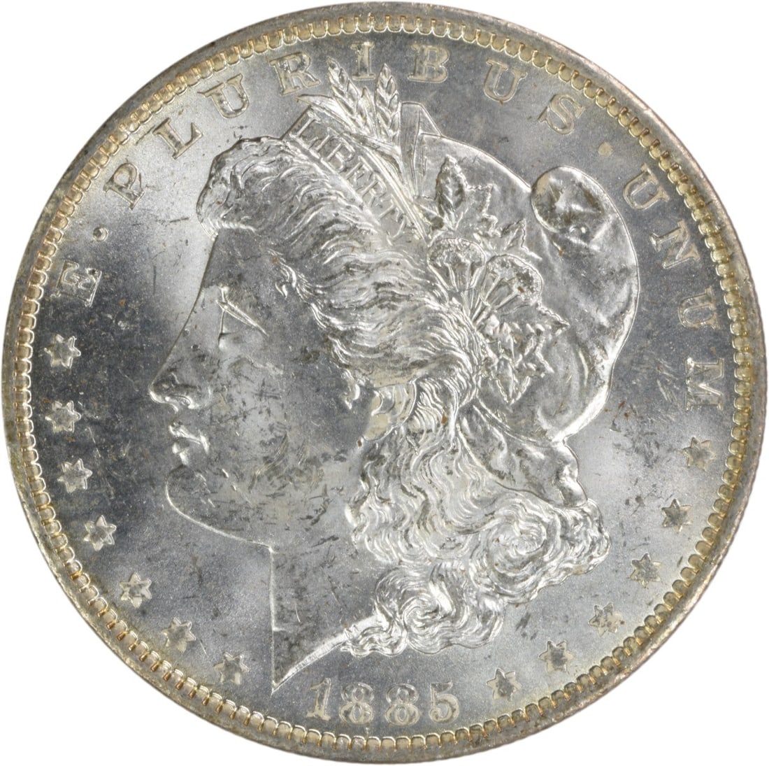 Choice BU 1885-O Silver Morgan Dollar Uncirculated Uncertified Coin: Choice BU 1885-O Silver Morgan Dollar Uncirculated Uncertified Coin This is an 1885-O Morgan Silver Dollar, a $1 coin minted in New Orleans. It is composed of silver and is classified as uncirculated 