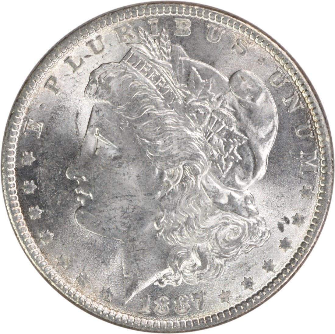 Uncirculated 1887 Silver Dollar Morgan Choice BU Uncertified US Coin: Uncirculated 1887 Silver Dollar Morgan Choice BU Uncertified US Coin This 1887 Morgan Silver Dollar is a Choice Brilliant Uncirculated (BU) coin. Composed of silver, it was minted in the United States
