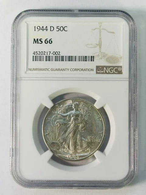 1944 Denver Walking Liberty Half Dollar NGC MS-66 White: 1944 Denver Walking Liberty Half Dollar NGC MS-66 White This is a 1944 D Walking Liberty Half Dollar, graded MS-66 by NGC. Struck in Denver, this uncirculated coin is composed of silver and is in pre-