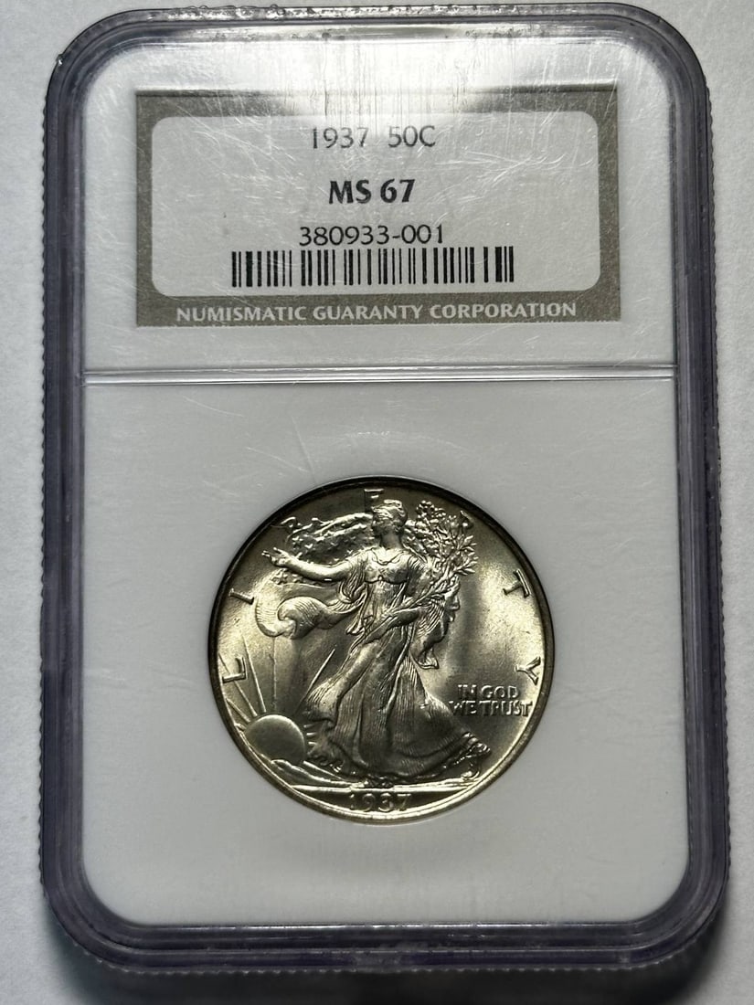 NGC MS-67 1937 Walking Liberty Half Dollar Silver: NGC MS-67 1937 Walking Liberty Half Dollar Silver This 1937 Walking Liberty Half Dollar is composed of silver and has been graded MS 67 by NGC. It is an uncirculated coin from the USA and comes with N