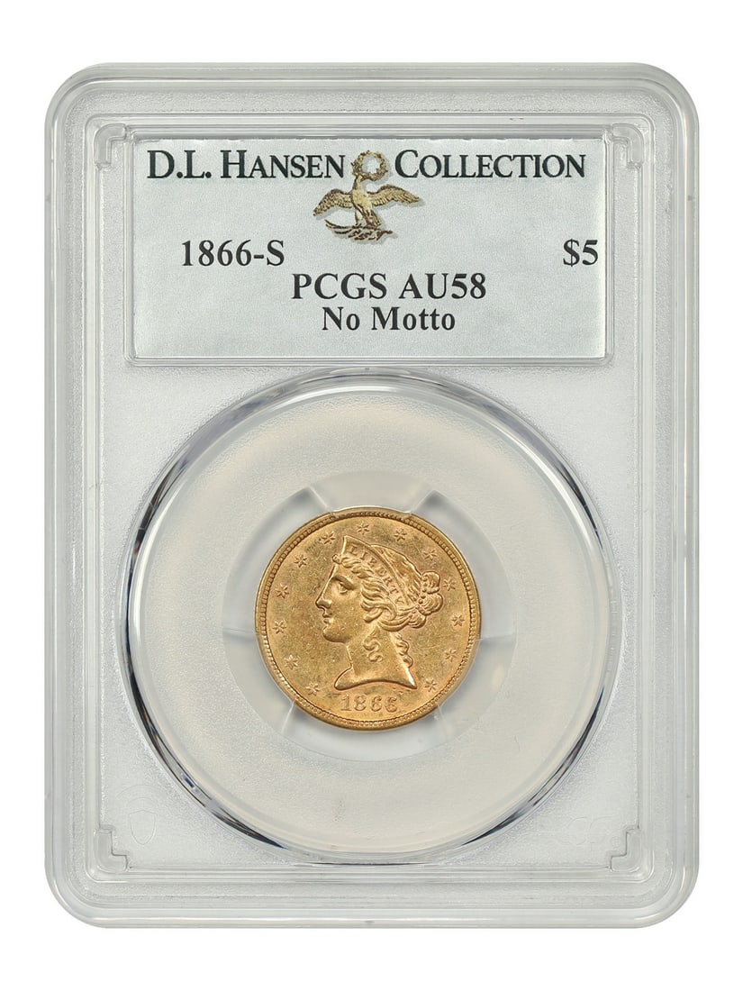 1866-S $5 Liberty Head Gold Coin PCGS AU58 Rare No Motto: 1866-S $5 Liberty Head Gold Coin PCGS AU58 Rare No Motto This remarkable 1866-S Liberty Head $5 gold coin, certified by PCGS with an AU58 grade, represents a significant piece of numismatic history. S