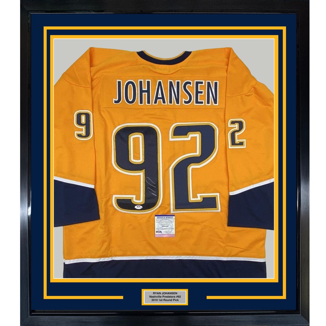 Ryan Johansen signed Nashville Predators framed jersey 33x42 PSA COA: Ryan Johansen signed Nashville Predators framed jersey 33x42 PSA COA This framed Nashville Predators yellow jersey is autographed by Ryan Johansen and authenticated by Professional Sports Authenticato