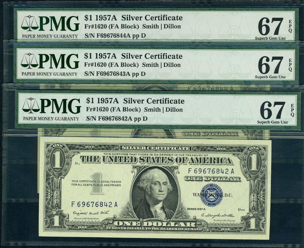 1957-A $1 Silver Certificate PMG Superb Gem 67 3 Note Pack (1 of 2)