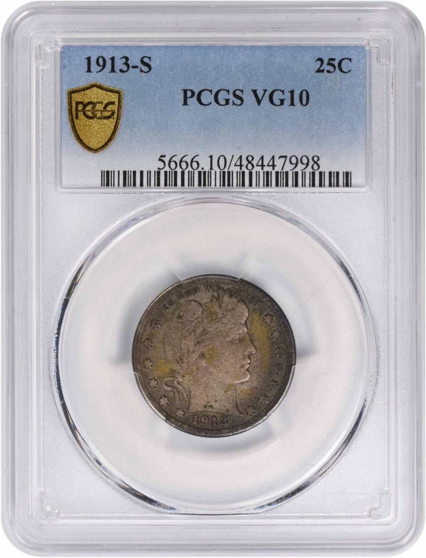 PCGS VG10 1913 San Francisco Barber Quarter 90 Percent Silver: PCGS VG10 1913 San Francisco Barber Quarter 90 Percent Silver This 1913-S Barber Silver Quarter is graded VG10 by PCGS and was struck at the San Francisco Mint. Designed by Charles E. Barber, this cir