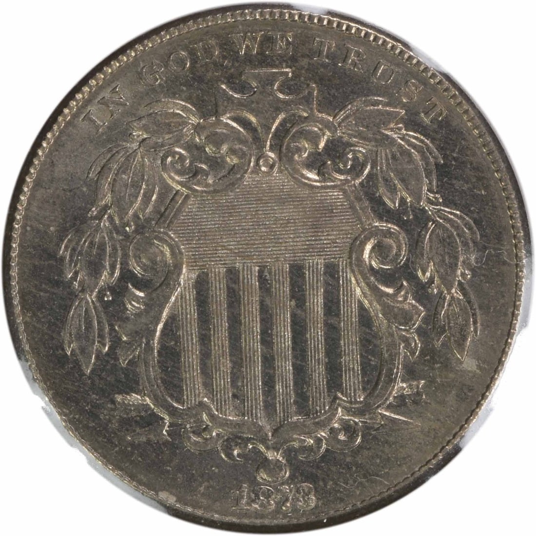 1873 United States Shield 5C DDO Closed 3 Choice BU: 1873 United States Shield 5C DDO Closed 3 Choice BU This is an 1873 Shield Nickel featuring the Closed 3 variety and a Double Die Obverse (DDO). The coin is uncirculated and graded as Choice BU. It is