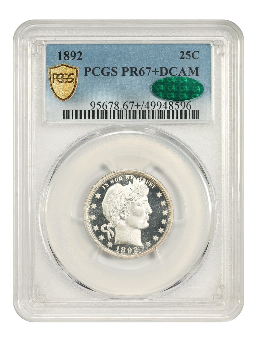 Barber Quarter 1892 25C PR67+DCAM PCGS CAC First Year Proof: Barber Quarter 1892 25C PR67+DCAM PCGS CAC First Year Proof 1892 Barber Quarter proof from the first year of issue, certified by PCGS and CAC approved. It is described as a deep cameo proof with deep,
