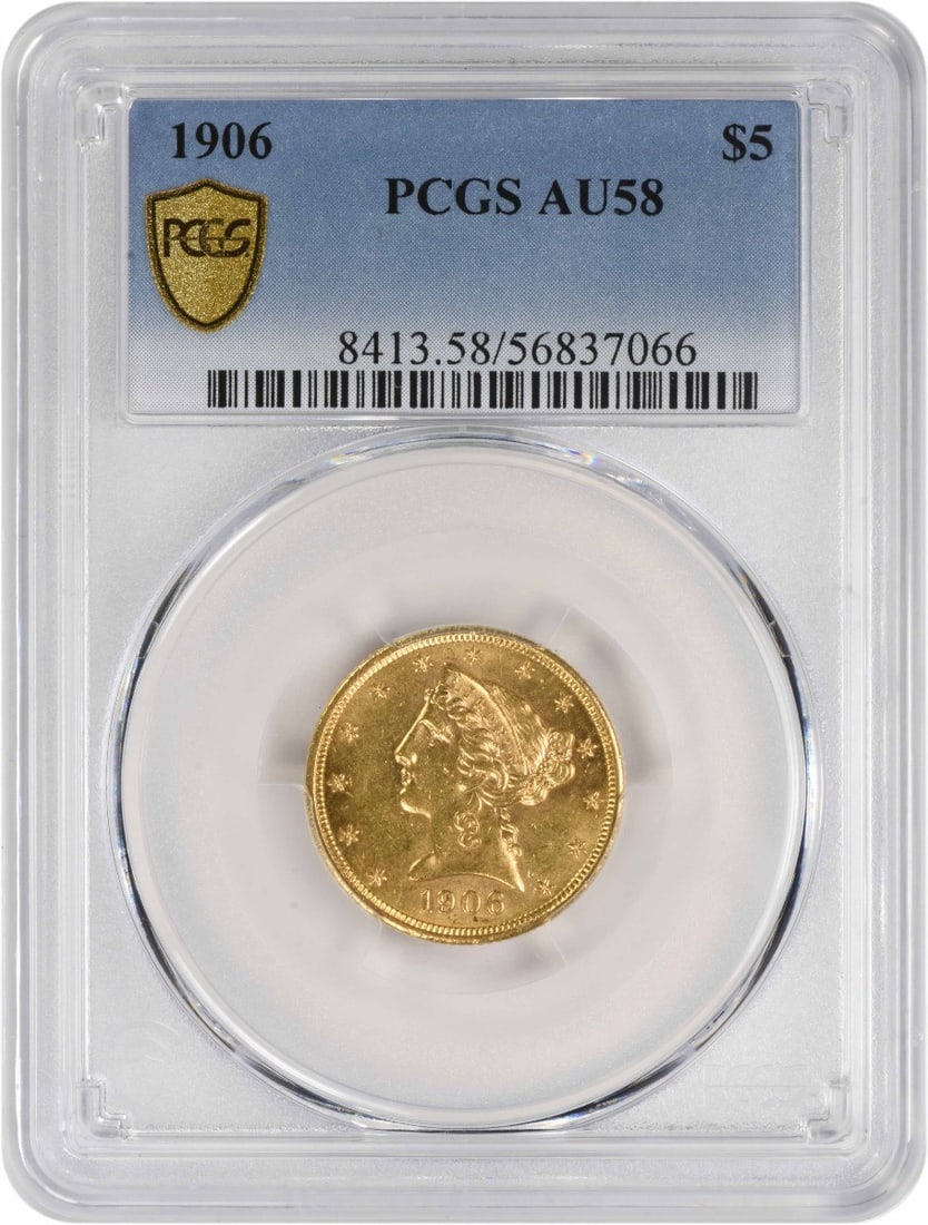 1906 $5 Gold Liberty Head Coin AU58 PCGS Certified: 1906 $5 Gold Liberty Head Coin AU58 PCGS Certified This 1906 $5 Gold Liberty Head coin is a remarkable piece of numismatic history, certified by PCGS with a grade of AU58. Struck at the Philadelphia M