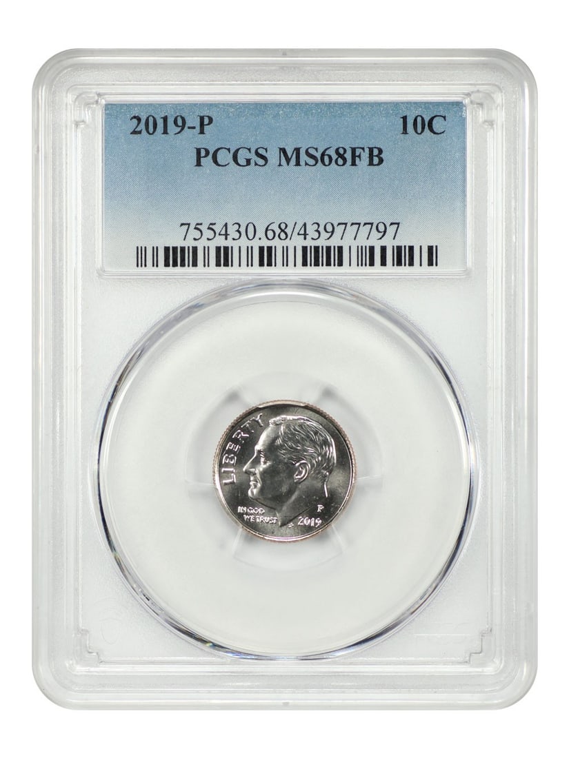 PCGS MS68FB 2019-P Roosevelt Dime 10C: PCGS MS68FB 2019-P Roosevelt Dime 10C 2019-P Roosevelt Dime graded PCGS MS68FB. This uncirculated coin has been certified by PCGS and carries certification number 43977797. PCGS has graded none finer,