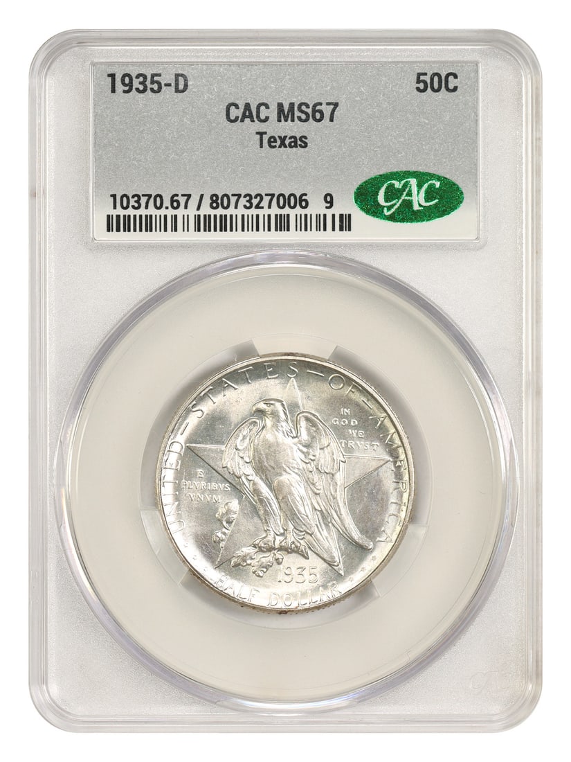 CACG MS67 1935-D Texas 50C Silver Commemorative Half Dollar: CACG MS67 1935-D Texas 50C Silver Commemorative Half Dollar 1935-D 50C Texas Classic Silver Commemorative graded MS67 by CACG. This uncirculated coin was struck at the Denver Mint and carries certific