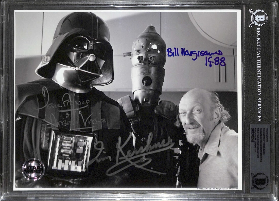 Star Wars ESB 8x10 Photo Signed by Kershner Prowse Hargreaves Beckett 10: Star Wars ESB 8x10 Photo Signed by Kershner Prowse Hargreaves Beckett 10 This autographed 8x10 black and white photograph from Star Wars: The Empire Strikes Back features the signatures of three promi