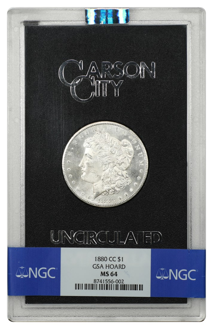 1880 Carson City Morgan Dollar NGC MS64 in GSA Case: 1880 Carson City Morgan Dollar NGC MS64 in GSA Case 1880-CC Morgan Dollar $1 certified by NGC and graded MS64. This CC-Mint GSA example is housed in the original hard case and is described as a mid-UN
