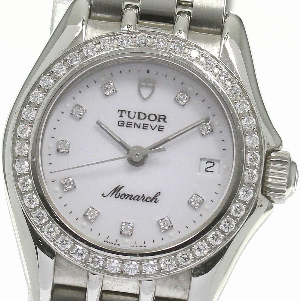 TUDOR Monarch Quartz Women's Watch Diamond Bezel 10P: TUDOR Monarch Quartz Women's Watch Diamond Bezel 10P This is a pre-owned Tudor Monarch women's wristwatch featuring a diamond bezel and ten diamond hour markers. The watch is powered by a quartz movem