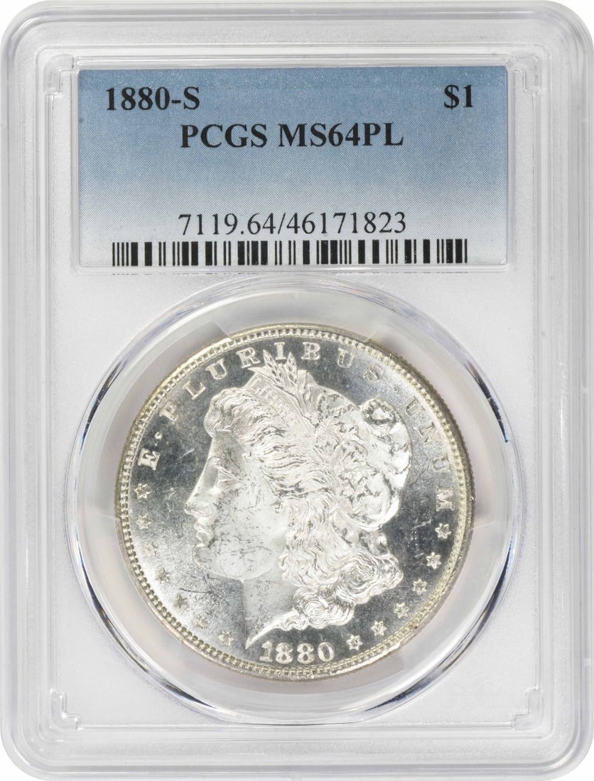 1880-S Morgan Silver Dollar MS64PL PCGS San Francisco Coin: 1880-S Morgan Silver Dollar MS64PL PCGS San Francisco Coin This 1880-S Morgan Silver Dollar is a stunning collectible coin, graded MS64PL by PCGS, indicating its premium quality and clarity. Minted in