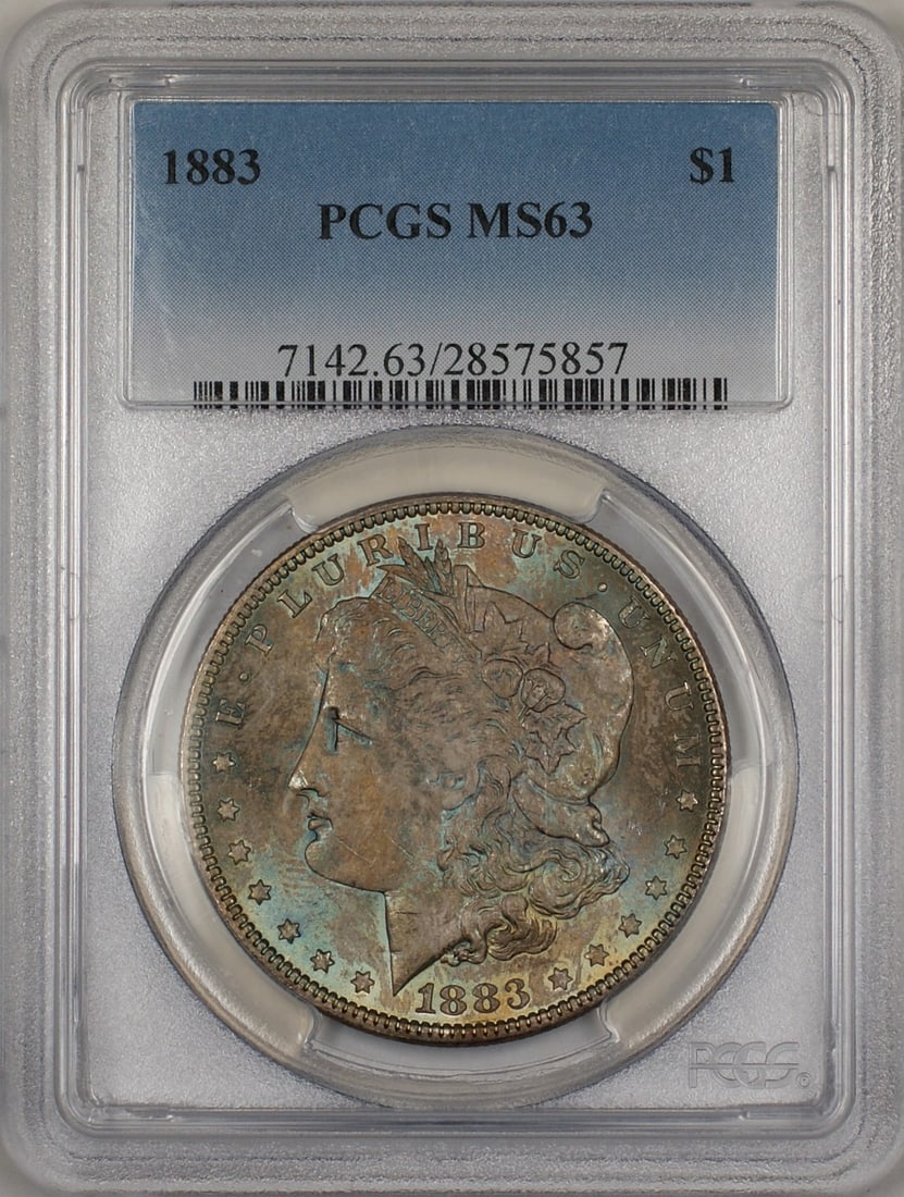 PCGS MS-63 1883 Silver Morgan Dollar Philadelphia Toned Obverse: PCGS MS-63 1883 Silver Morgan Dollar Philadelphia Toned Obverse This 1883 Morgan Silver Dollar features a beautifully toned obverse and has been certified by PCGS with a grade of MS 63. Minted in Phil