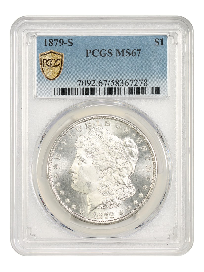 PCGS MS67 1879-S Morgan Dollar $1 San Francisco Mint: PCGS MS67 1879-S Morgan Dollar $1 San Francisco Mint An 1879-S Morgan Dollar graded PCGS MS67. This uncirculated coin is from the San Francisco Mint and is identified by certification number 58367278.
