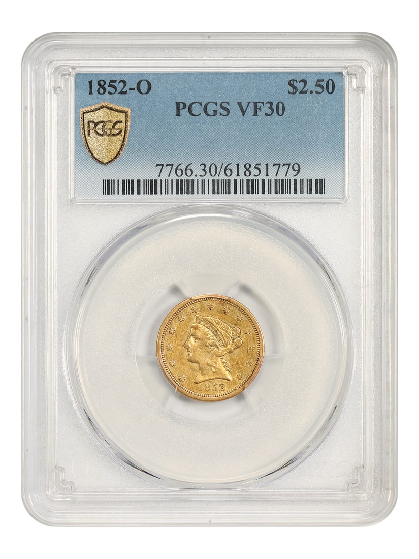 1852 O Liberty Head Quarter Eagle PCGS VF30: 1852 O Liberty Head Quarter Eagle PCGS VF30 1852-O Liberty Head $2.50 gold coin certified by PCGS and graded VF30. This circulated New Orleans issue is noted as a better O-mint example, with only 140,