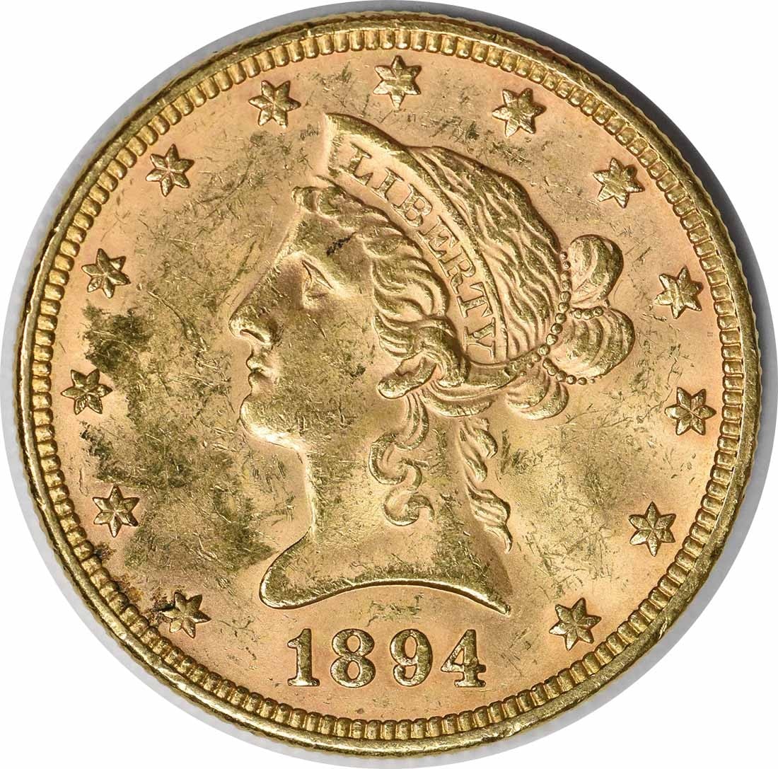 1894 $10 Gold Liberty Head Coin AU Uncertified by Christian Gobrecht: 1894 $10 Gold Liberty Head Coin AU Uncertified by Christian Gobrecht This 1894 $10 Gold Liberty Head coin is a stunning piece of American numismatic history. Featuring a beautiful design by Christian 