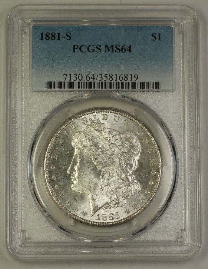 PCGS MS64 1881-S Morgan Dollar Silver Coin San Francisco Mint: PCGS MS64 1881-S Morgan Dollar Silver Coin San Francisco Mint This 1881-S US Morgan Silver Dollar $1 coin was minted in San Francisco and is certified by PCGS with a grade of MS 64. Composed of silver