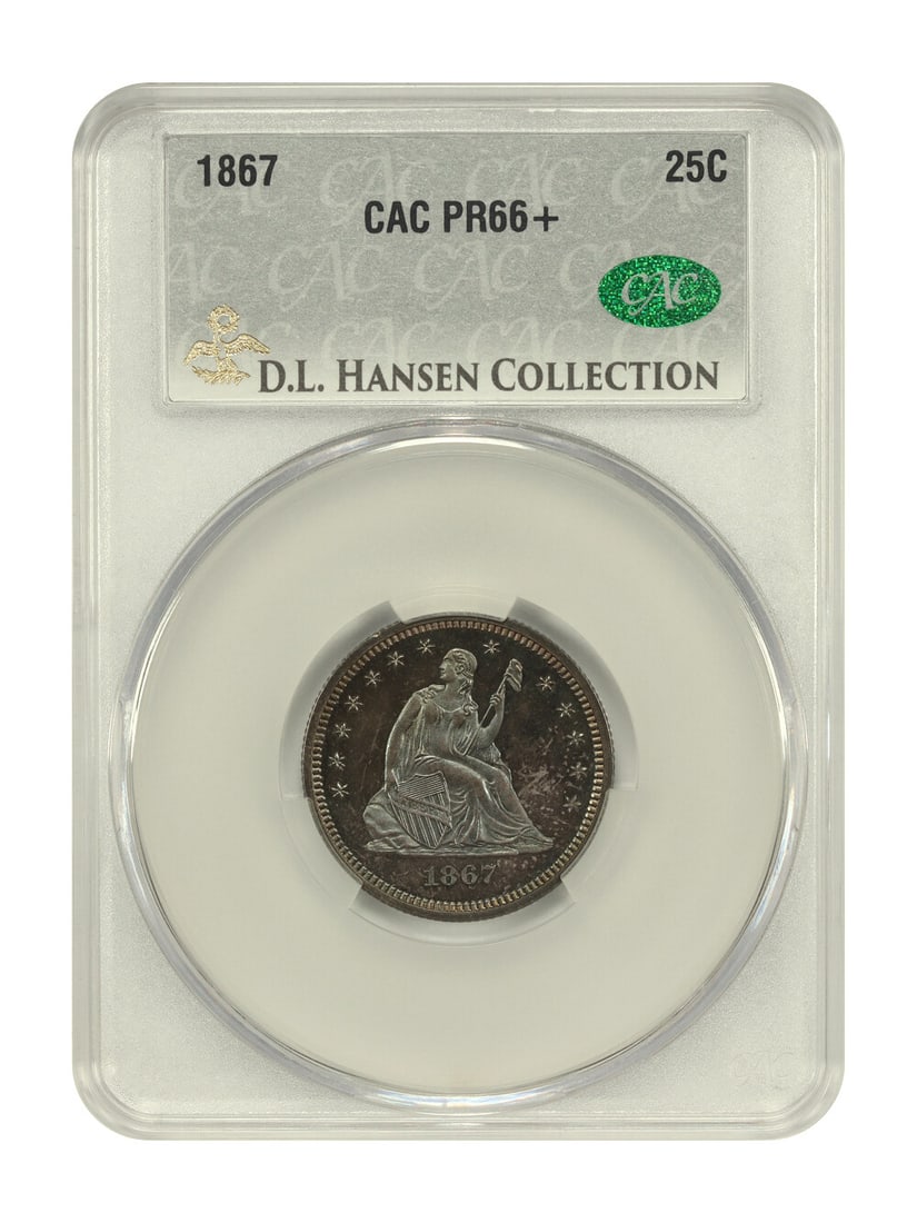 1867 Liberty Seated Quarter 25C PR66+ CACG ex D.L. Hansen: 1867 Liberty Seated Quarter 25C PR66+ CACG ex D.L. Hansen An 1867 Liberty Seated Quarter proof, certified by CACG and graded PR66+. This Philadelphia issue is described as an important proof strike, o