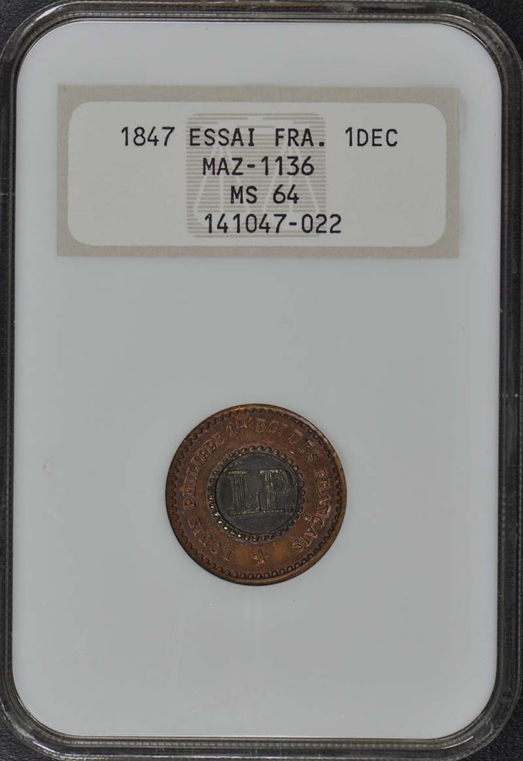 1847 France Essai 1DEC Coin NGC MS64 Certified Uncirculated: 1847 France Essai 1DEC Coin NGC MS64 Certified Uncirculated This remarkable 1847 France Essai 1DEC Maz-1136 coin is certified by NGC with a grade of MS64, indicating its exceptional condition. It is c