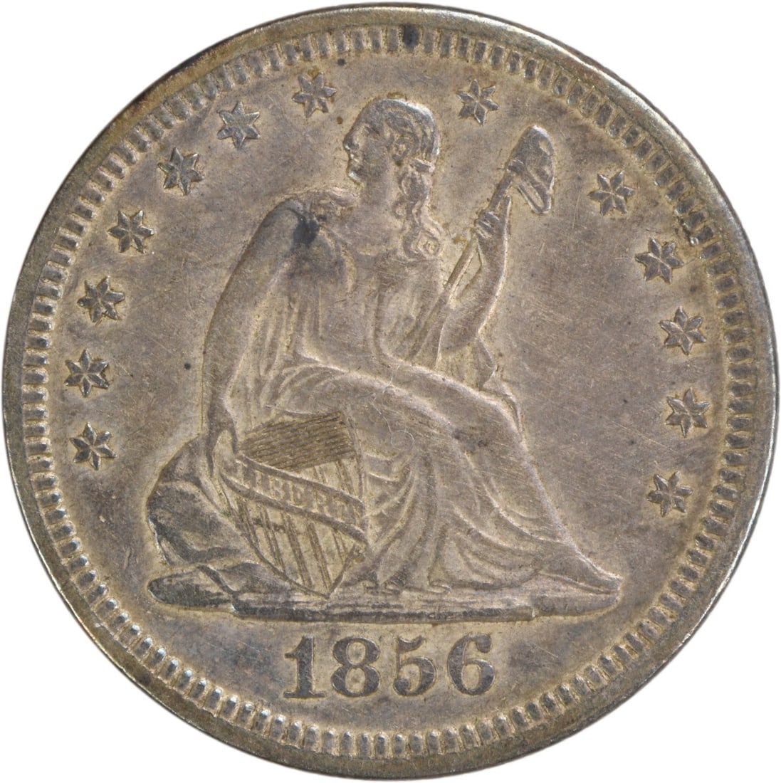 1856 Seated Liberty 25C Silver Quarter EF Uncertified: 1856 Seated Liberty 25C Silver Quarter EF Uncertified 1856 Liberty Seated Silver Quarter in Choice EF condition. This circulated coin is uncertified and features the Seated Liberty design. It was mint
