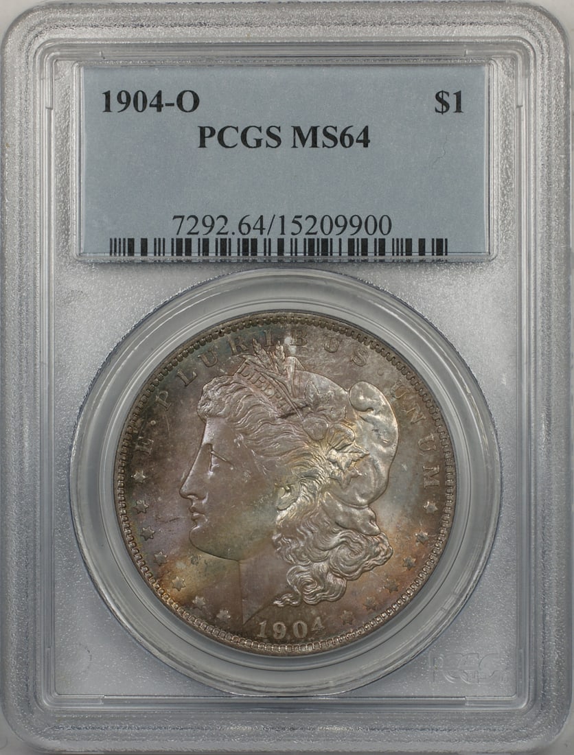 PCGS MS-64 1904 New Orleans Morgan Silver Dollar $1 Uncirculated Coin: PCGS MS-64 1904 New Orleans Morgan Silver Dollar $1 Uncirculated Coin This is a 1904-O Morgan Silver Dollar $1 coin, graded MS-64 by PCGS. Minted in New Orleans, this uncirculated coin is composed of 