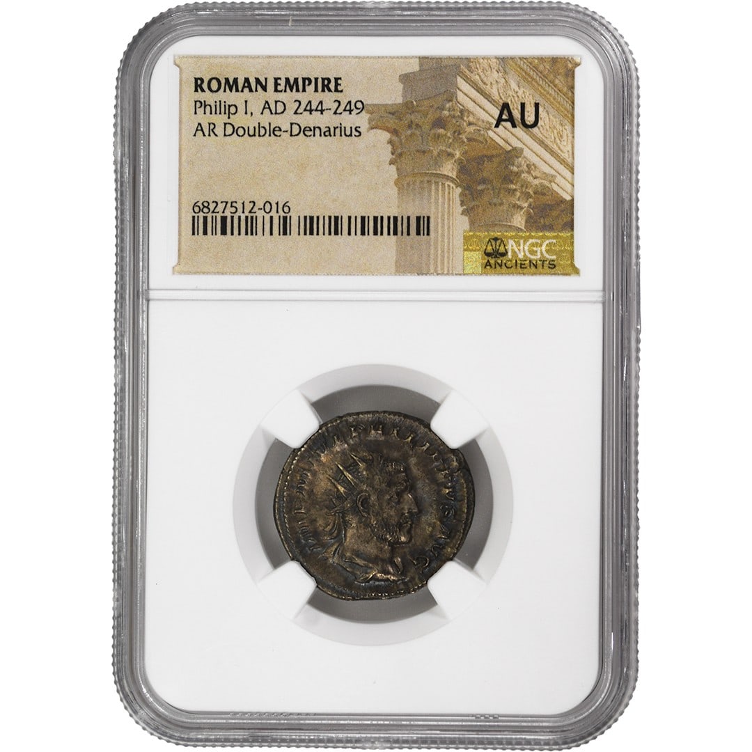 NGC AU Philip I Roman Empire Double Denarius: NGC AU Philip I Roman Empire Double Denarius This Roman Empire AR Double-Denarius features Philip I, who ruled from AD 244 to 249. The coin is graded AU (About Uncirculated) and has been certified by 