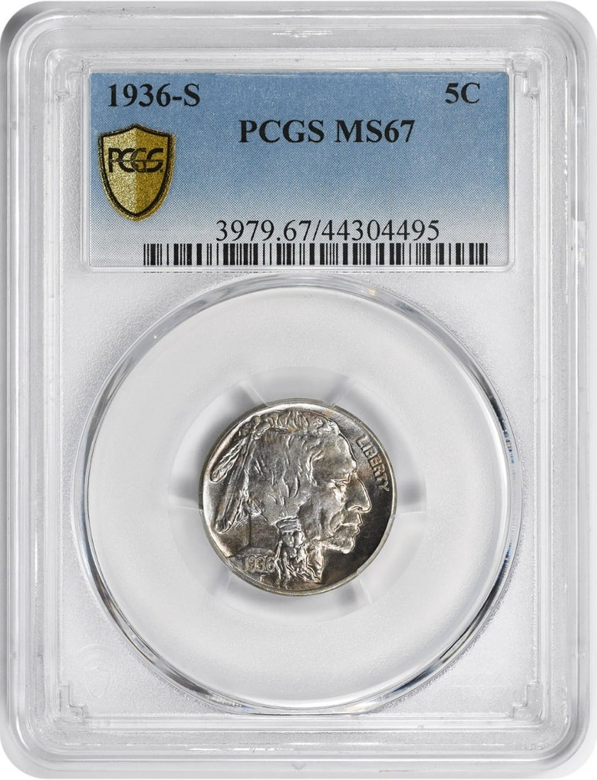 PCGS MS67 1936 S Buffalo 5C Nickel: PCGS MS67 1936 S Buffalo 5C Nickel This is a 1936-S Buffalo Nickel graded MS67 by PCGS. The coin is uncirculated and features the iconic buffalo design on one side and a Native American profile on the