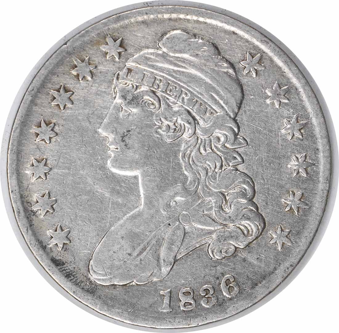 1836 Liberty Bust Half Dollar Lettered Edge Uncertified: 1836 Liberty Bust Half Dollar Lettered Edge Uncertified This 1836 Bust Silver Half Dollar features a lettered edge and was produced at the Philadelphia Mint. Designed by John Reich, the coin is compos