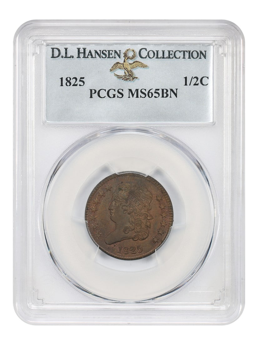 1825 Classic Head Half Cent PCGS MS65BN ex D.L. Hansen: 1825 Classic Head Half Cent PCGS MS65BN ex D.L. Hansen 1825 Classic Head Half Cent certified by PCGS and graded MS65BN. From a low mintage of 63,000 pieces, it is the first year of the resumption of t